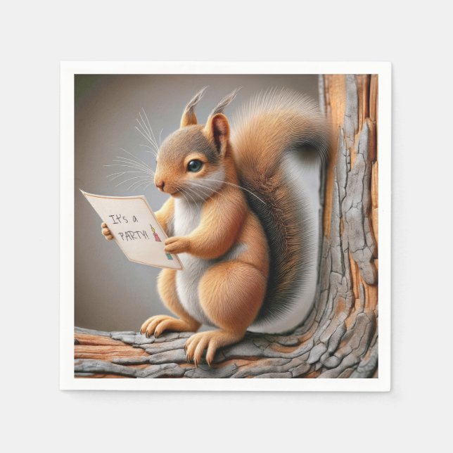 Squirrel Reading a Birthday Party Invite Napkin (Front)