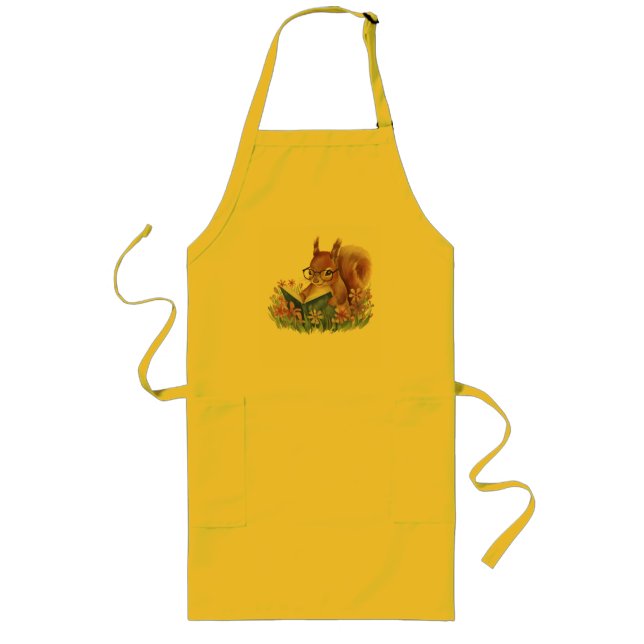 Squirrel Reading A Book, Nestled In Flowers Long Apron (Front)