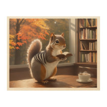 Squirrel Reading Book with Steaming cup of coffee