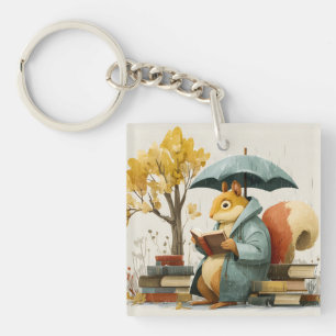 Squirrel Reading Books Under an Umbrella Key Ring