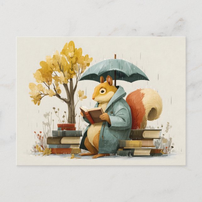 Squirrel Reading Books Under an Umbrella  Postcard (Front)