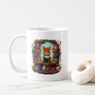 Squirrel Reading On A Vintage Bookshelf Coffee Mug