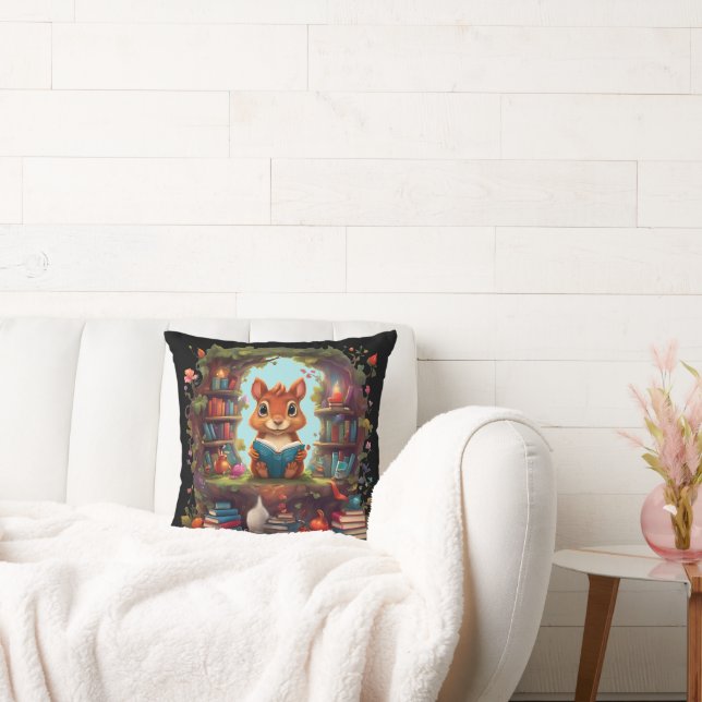 Squirrel Reading On A Vintage Bookshelf Cushion (Couch)