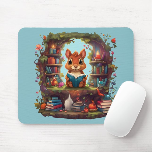 Squirrel Reading On A Vintage Bookshelf Mouse Pad (With Mouse)