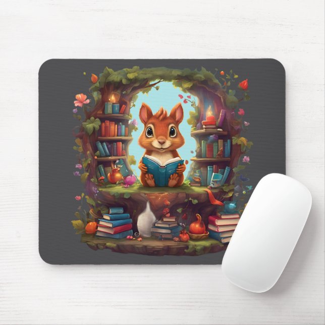 Squirrel Reading On A Vintage Bookshelf Mouse Pad (With Mouse)