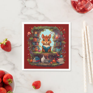 Squirrel Reading On A Vintage Bookshelf Napkin
