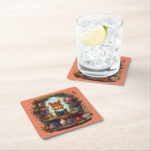 Squirrel Reading On A Vintage Bookshelf Square Paper Coaster