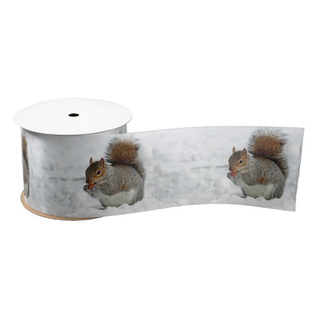 Squirrel Red Berry Snow Photo Satin Ribbon (Spool)