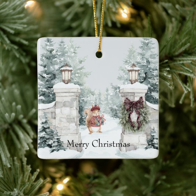 Squirrel Red Coat Snow Christmas Ceramic Ornament (Tree)