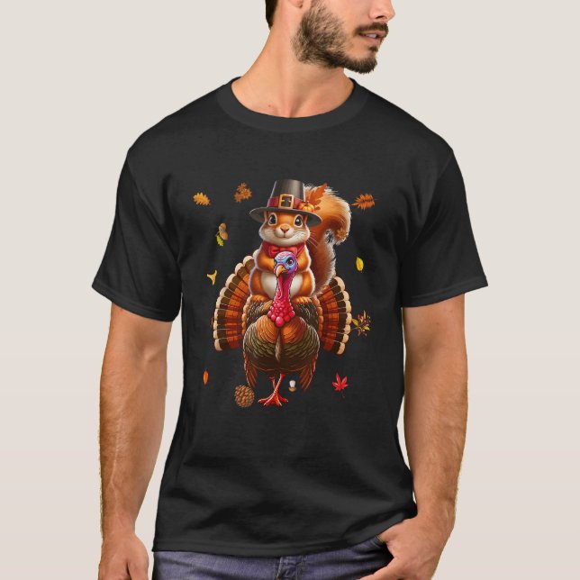 Squirrel Riding Turkey Thanksgiving Fall Leaves Ow T-Shirt (Front)