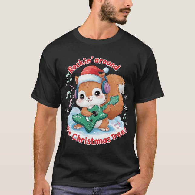 Squirrel Rocking a Christmas Tree Guitar in Santa  T-Shirt (Front)