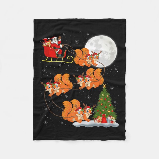 Squirrel Santa Sleigh Flying Funny Magical Christm Fleece Blanket (Front)