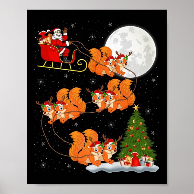 Squirrel Santa Sleigh Flying Funny Magical Christm Poster (Front)