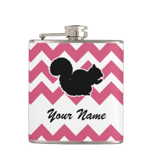 Squirrel Silhouette with Pink Chevron Pattern Hip Flask