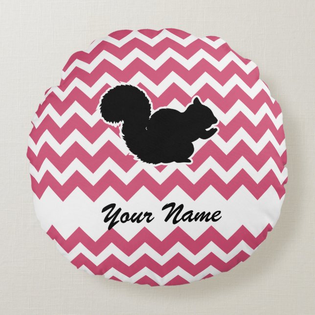 Squirrel Silhouette with Pink Chevron Pattern Round Cushion (Front)