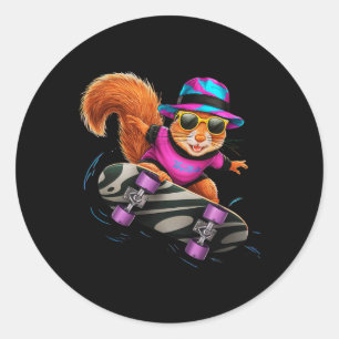 Squirrel Skateboarding In Outer Space Retro Vintag Classic Round Sticker