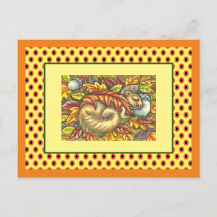 SQUIRREL SLEEPING UNDER AUTUMN LEAVES, SEASONAL POSTCARD