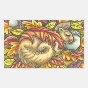 SQUIRREL SLEEPING UNDER AUTUMN LEAVES, SEASONAL RECTANGULAR STICKER
