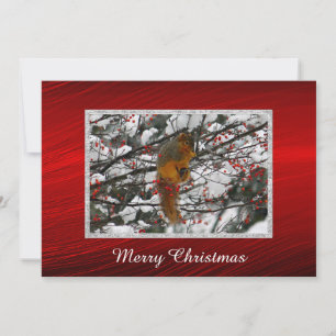 Squirrel Snow Red Berry Tree Photo Christmas Flat Holiday Card