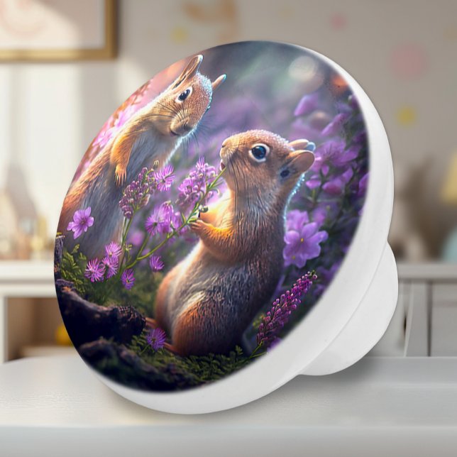 Squirrel Talk - Kids Fantasy Ceramic Knob (Ceramic Knob - Squirrels with Purple Flowers - Decor Accent for Kids Room)
