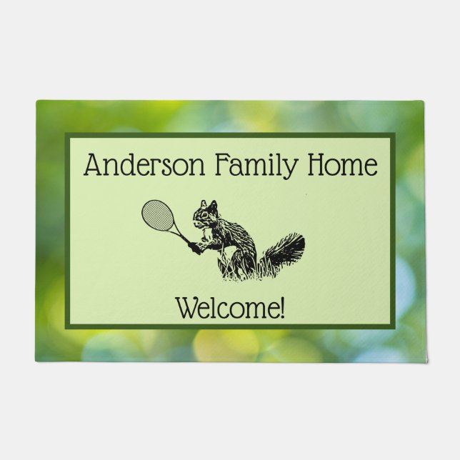 Squirrel Tennis Player and Text with Green Border Doormat (Front)
