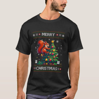 Squirrel Ugly Christmas Snowflakes Light Santa Hat T-Shirt