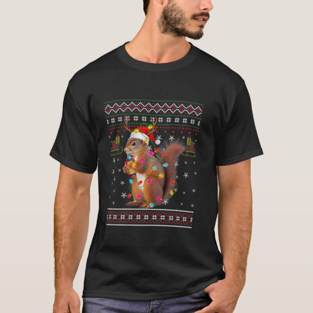 Squirrel Ugly Funny Xmas Light Santa Hat Snowflake T-Shirt (Front)