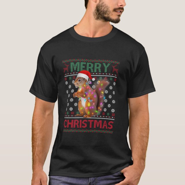 Squirrel Ugly Marry Xmas Snowflakes Light Tree San T-Shirt (Front)