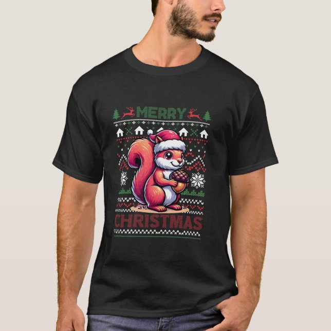 Squirrel Ugly Nuts Snowflakes Santa Hat Tree Merry T-Shirt (Front)
