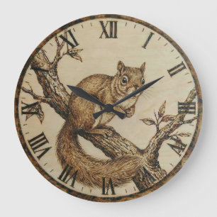 Squirrel Wall Clock – Rustic Wood Burned Art