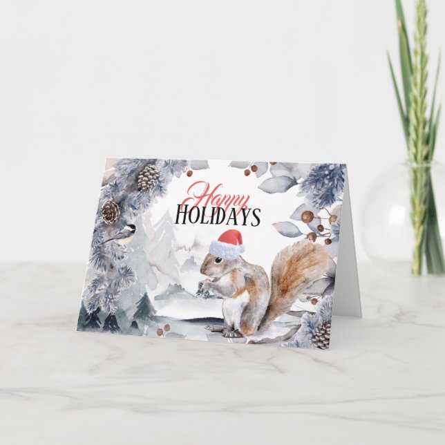 Squirrel wearing Santa hat winter forest landscape Card (Front)