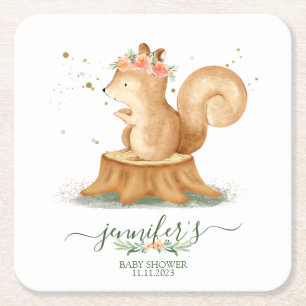 Squirrel wildlife baby newborn square paper coaster
