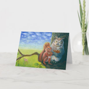 Squirrel & Wise Owl with Hazelnuts Illustration Card