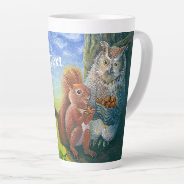 Squirrel & Wise Owl with Hazelnuts Personalised Latte Mug (Right Angle)