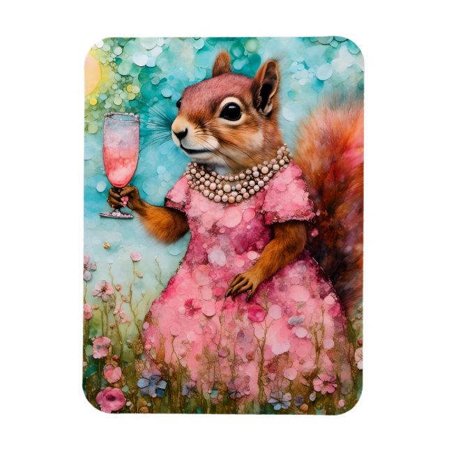 Squirrel with a Pink Dress and a Drink Magnet (Vertical)