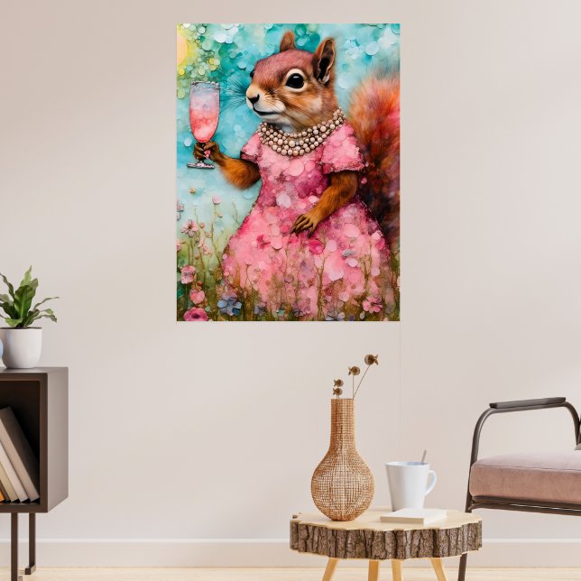 Squirrel with a Pink Dress and a Drink Poster (Living Room 3)