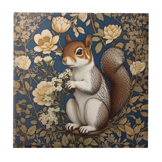 Squirrel With Acacia Flowers William Morris Ceramic Tile (Front)