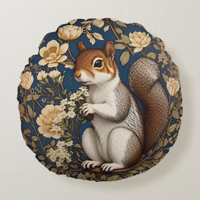 Squirrel With Acacia Flowers William Morris Round Cushion (Front)