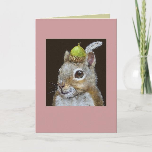 squirrel with acorn and feather hat on card (Front)
