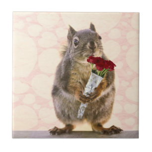 Squirrel with Bouquet of Red Roses Tile