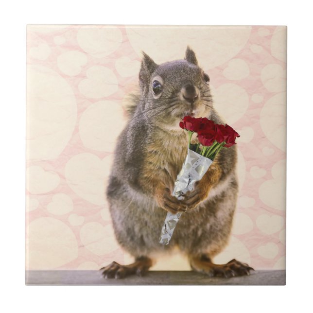 Squirrel with Bouquet of Red Roses Tile (Front)