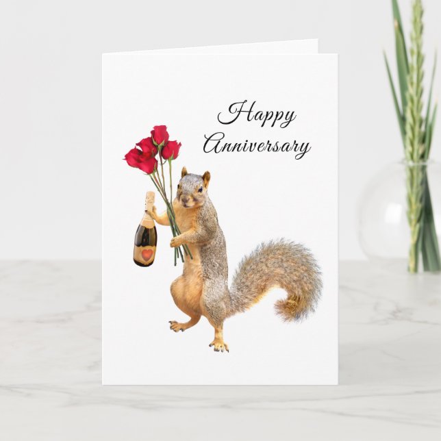 Squirrel with Champagne and Roses Anniversary Card (Front)