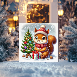 Squirrel with Christmas Tree and Gift Holiday Card