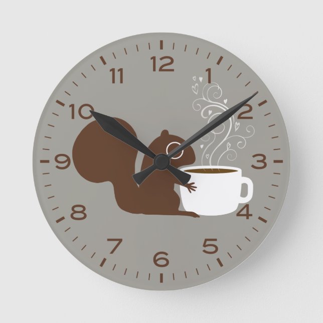 Squirrel with Coffee Cute Woodland Animal Round Clock (Front)