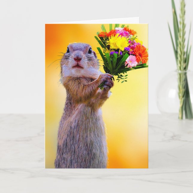 SQUIRREL WITH FLOWERS BIRTHDAY GREETING CARD (Front)