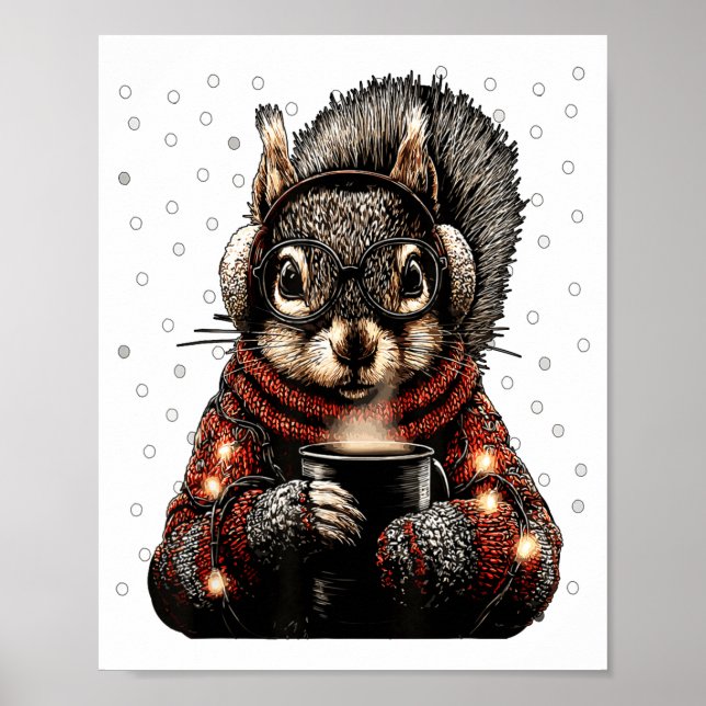Squirrel With Gles Christmas Lights Funny Coffee W Poster (Front)