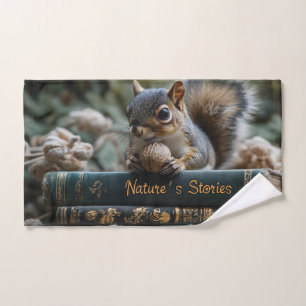 Squirrel with Nut on Antique Books, Nature's Story Hand Towel