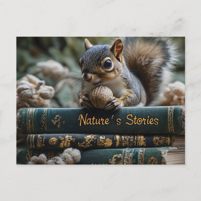 Squirrel with Nut on Antique Books, Nature's Story Holiday Postcard (Front)