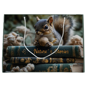 Squirrel with Nut on Antique Books, Nature's Story Large Gift Bag
