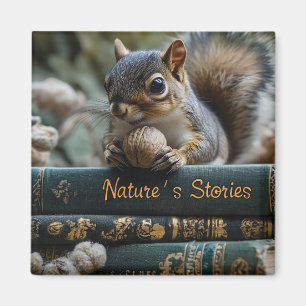 Squirrel with Nut on Antique Books, Nature's Story Magnet
